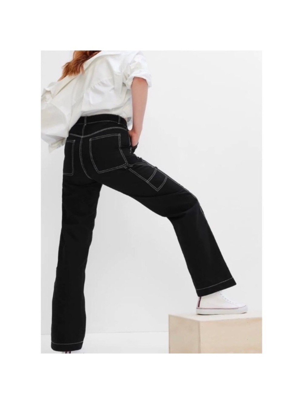 Gap Black White Stitching Mid Rise Carpenter Straight Leg Pant Size 10 Petite